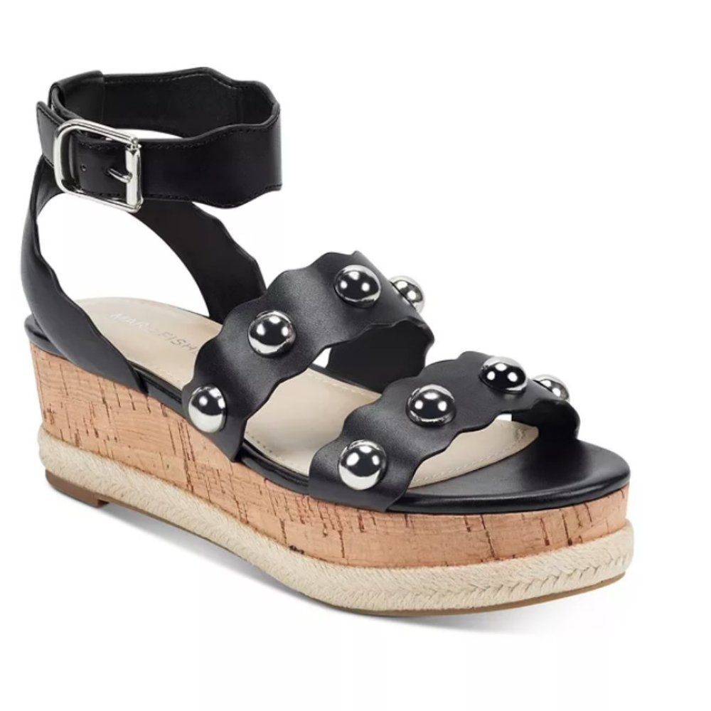 Marc Fisher "Fayth" Espadrille Wedge Cork Ankle Strap Black Studded Sandals